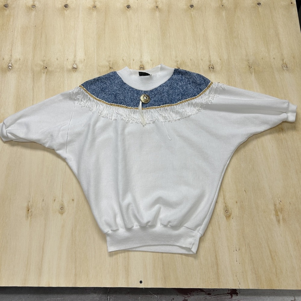 Vintage‎ Stepping-Up Sweater Womens Small White Western Fringe Mock Neck Dolman